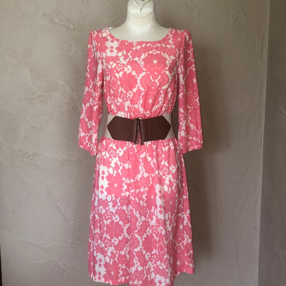 H&M floral coral cinched waist dress 32/2